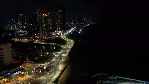 Busy Colombo city at night. Sri Lanka aerial drone footage