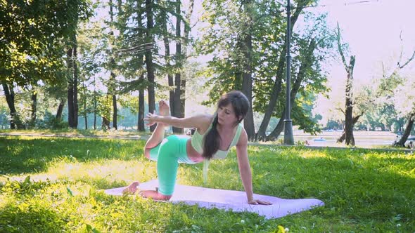 Young European Woman Sportswear Purple Mat Practicing Yoga Pose Park Green Lush Meadow City Park