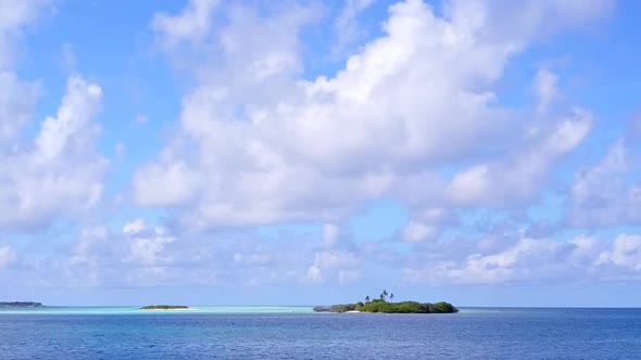 Aerial drone landscape of island beach by blue lagoon with sand background