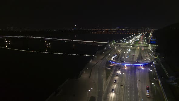 Metro Bridge on Dnieper River in Kiev at Night Aerial View