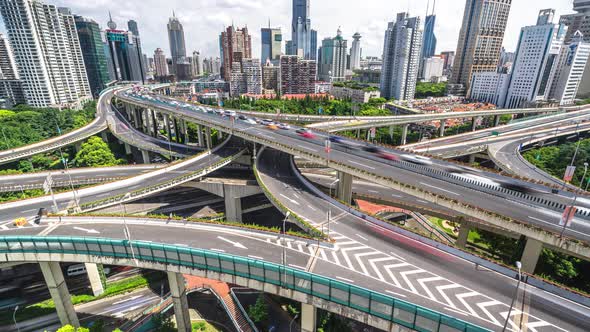 Timelapse of busy traffic road with modern office building in Shanghai china