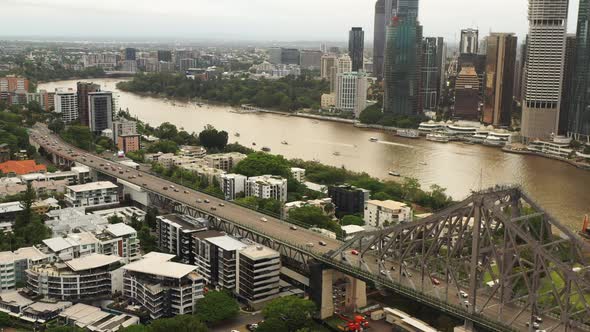 Brisnbane river looking across the Story Bridge, Soon after the floods