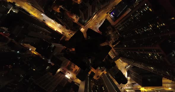 Hong Kong Night aerial view. night illumination flight over hong kong city downtown