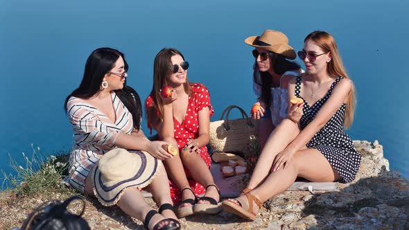 Smiling Fashion Gossip Female Friend Relaxing Enjoying Outdoor Picnic at Blue Sea Background