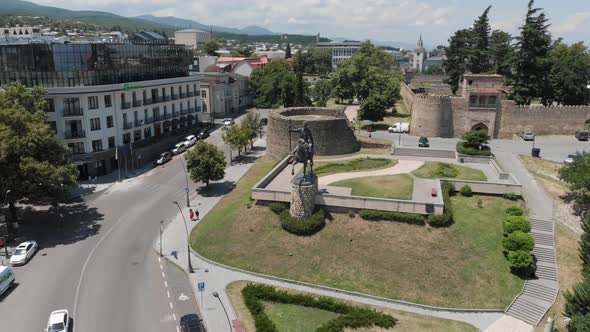 Aerial view of Monument of King Erekle II in Telavi. flying over Batonis Tsikhe