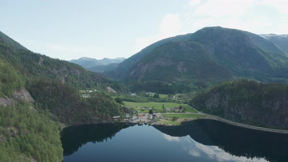 Distant aerial overview of village Eidslandet in Vaksdal with no people left