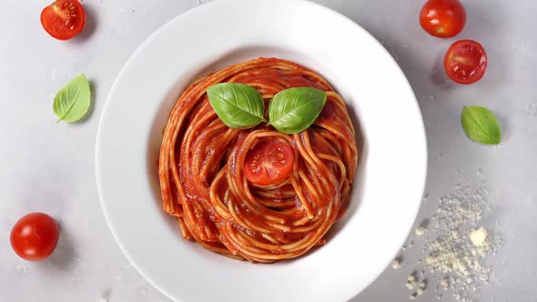 Spaghetti with Tomato Sauce Top View. Pasta Background