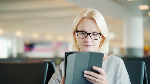 Portrait of a Woman in Glasses. Sits in the Waiting Room of the Bus Station, Uses a Tablet