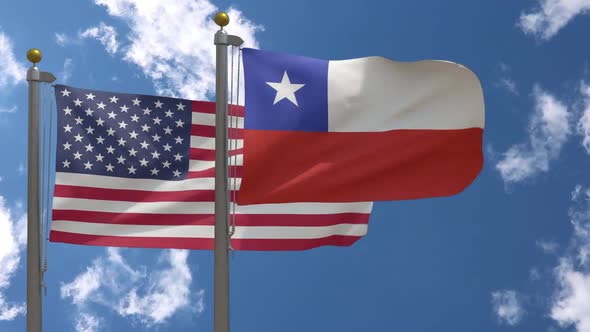 Usa Flag Vs Chile Flag On Flagpole