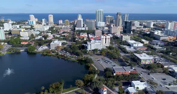 4K Aerial Video of Downtown St Petersburg Flying East Along 2nd Ave N. from 8th Street to 7th Street