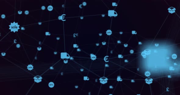 Animation of digital interface and network connections with financial and online shopping blue icons