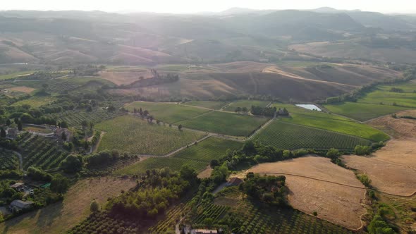 Drone flying over vineyards in Tuscany, Italy, Europe