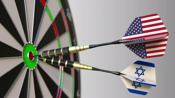 Flags of the USA and Israel on Darts Hitting Bullseye of Target alt