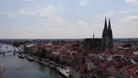  Aerial drone view of architecture of Regensburg city, Old Town, majestic Cathedral St. Peters Church