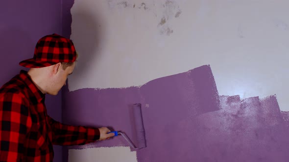 Close Up of Young Man Painting Wall in Purple Colour with Roller
