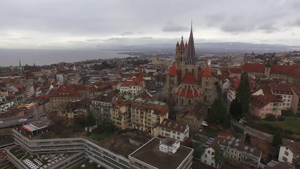 Aerial of Notre Dame Of Lausanne and its surroundings