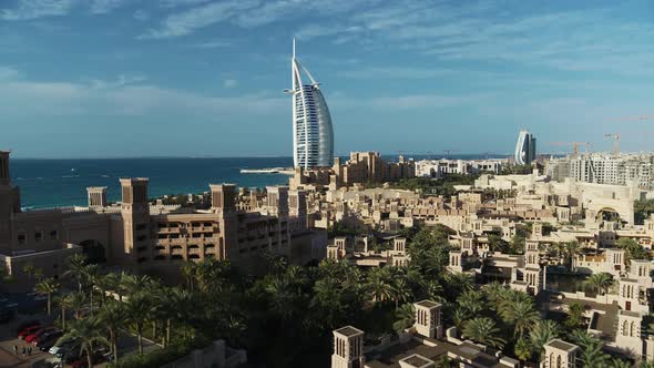 Aerial view of Burj Al Arab building, Dubai, United Arab Emirates.