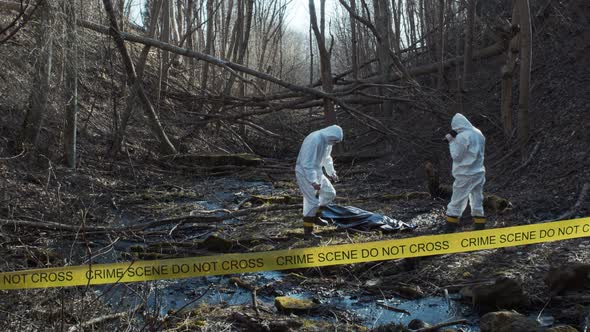 Forensic specialists working in the forest. Crime scene and police concept.