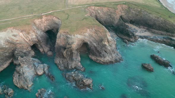 Aerial view of Poly Joke Beach, Polperro, Cornwall, United Kingdom.