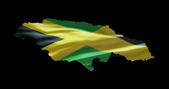 Jamaica national flag background with country shape outline. Alpha channel animation