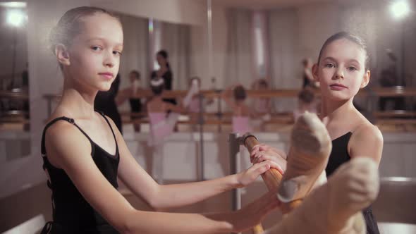 Ballet Training Group of Little Ballerina Girls Training By the Mirror and Two Girls Stretching By