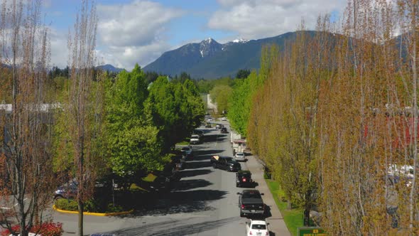 Aerial view traveling along a tree lined street in an idyllic mountainside community.