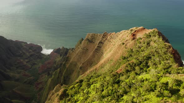 Aerial View of Green Tropical Mountain Peaks at Na Pali Park, Hawaiian Coastline