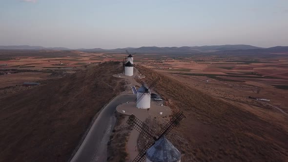 Windmills on Hill at Sunset in Consuegra, Mancha, Spain