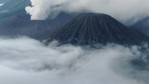 Aerial Shot of Mountain Bromo Active Volcano Crater in East Java Indonesia