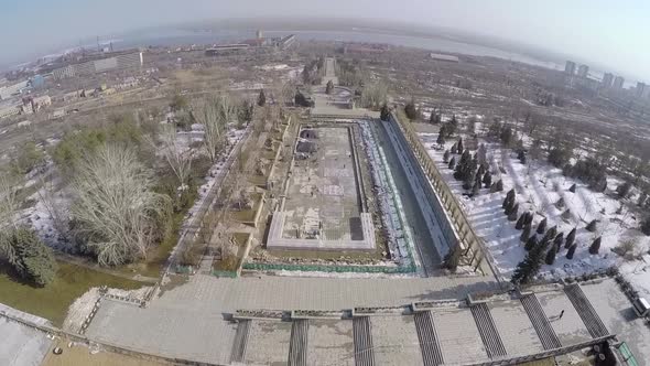 Waterside city on spring day, aerial view