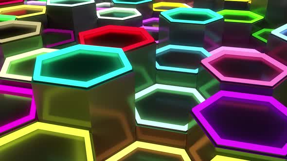 Scifi Polygons with Multicolor Neon Lighting Tops Moving Up and Down Loopable