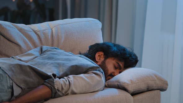 Exhausted Syndrome Bad Feeling Tired Arabian Man Indian Bearded Guy Worker Male at Home Falling Down