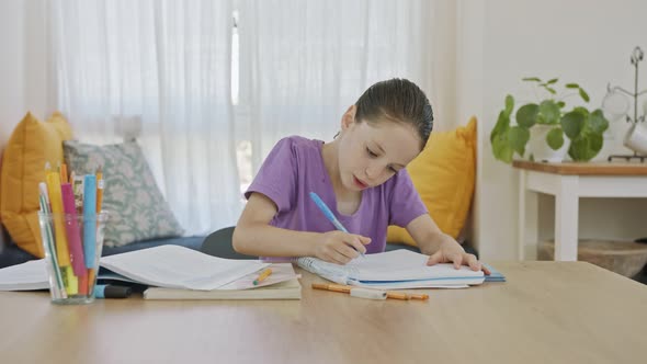 Young girl sitting at home preparing homework for school