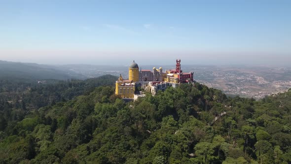 Aerial shot of Pena Palace in Sintra Mountains, Portugal