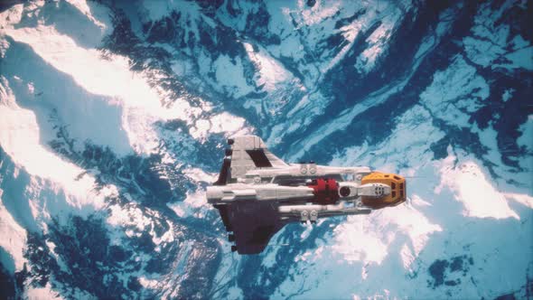 3D Illustration of a Spaceship in Orbit Around Planet Earth alt