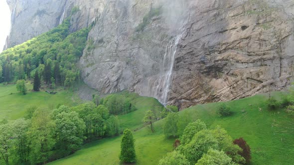 Waterfalls at Lauterbrunnen valley in Bernese Alps, Switzerland - aerial shot