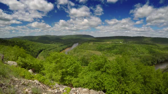 Beautiful view of spring in the Appalachian mountains of West Virginia and Maryland as clouds float