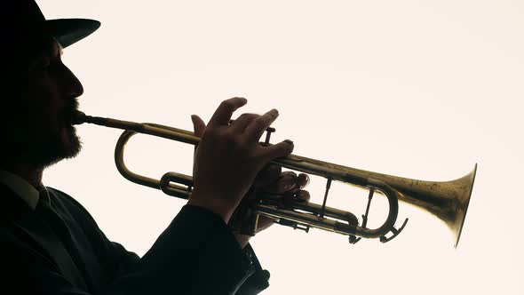 Bearded Musician in Hat Plays Musical Trumpet Pressing Keys with His Fingers in Studio on White