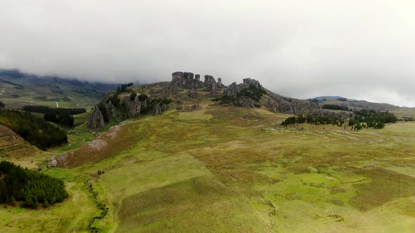 Green Lowland With Cumbemayo Stone Forest Archaeological Site Near Cajamarca In Peru. Aerial Drone