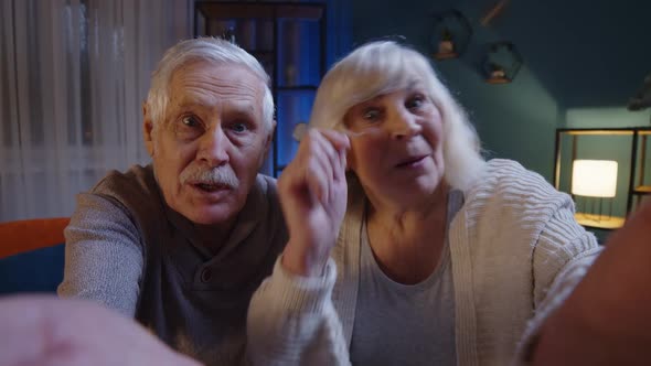 POV of Cheerful Happy Caucasian Senior Married Family Couple Talking on Video Call at Evening Home