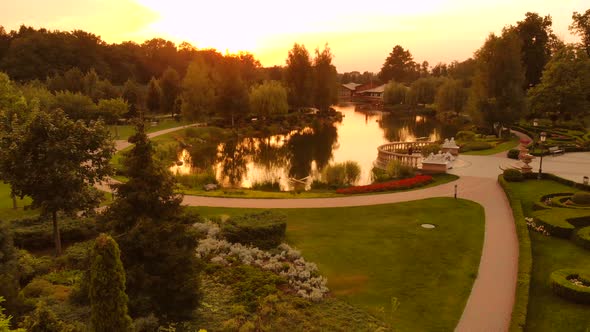 View From a Dron Landing in Evening Park