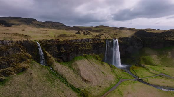 Aerial View of the Seljalandsfoss  Located in the South Region in Iceland