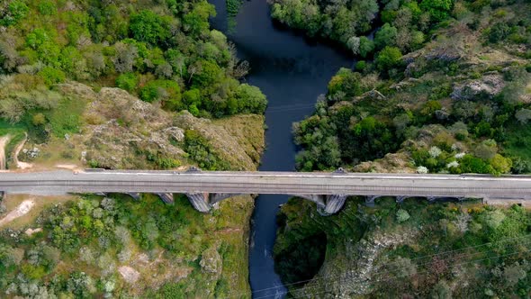 Aerial Birds Eye Flying Over Gundian Bridge Spanning Ulla River