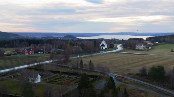 Cool Cloudy Dusk Village Town Buildings And Fields In Swedish Countryside Near Ostersund, Sweden. 4K