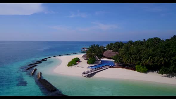 Aerial above travel of luxury coast beach voyage by shallow ocean with white sandy background of a d