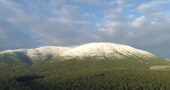 Aerial view of Mt. Meron with snow, Upper Galilee, Israel