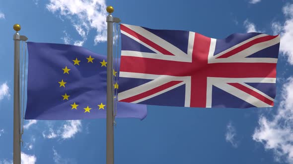 European Union Flag Vs United Kingdom Flag On Flagpole
