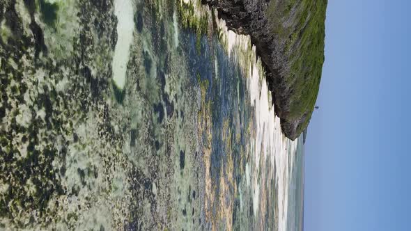 Vertical Video of Low Tide in the Ocean Near the Coast of Zanzibar Tanzania Aerial View