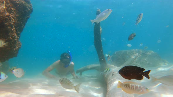 Slowmotion Shot of Young Man Snorkel in a Mask and Breathing Tube in a Beautiful Sea