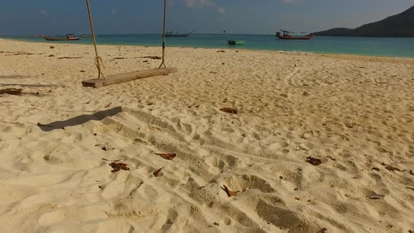 Aerial above scenery of exotic sea view beach trip by transparent ocean with white sandy background 